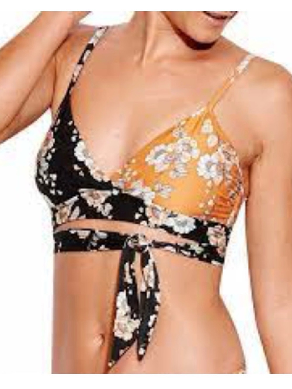 Seafolly Black and Mustard Floral Tie-Front Bikini Top A28 size 6usa
